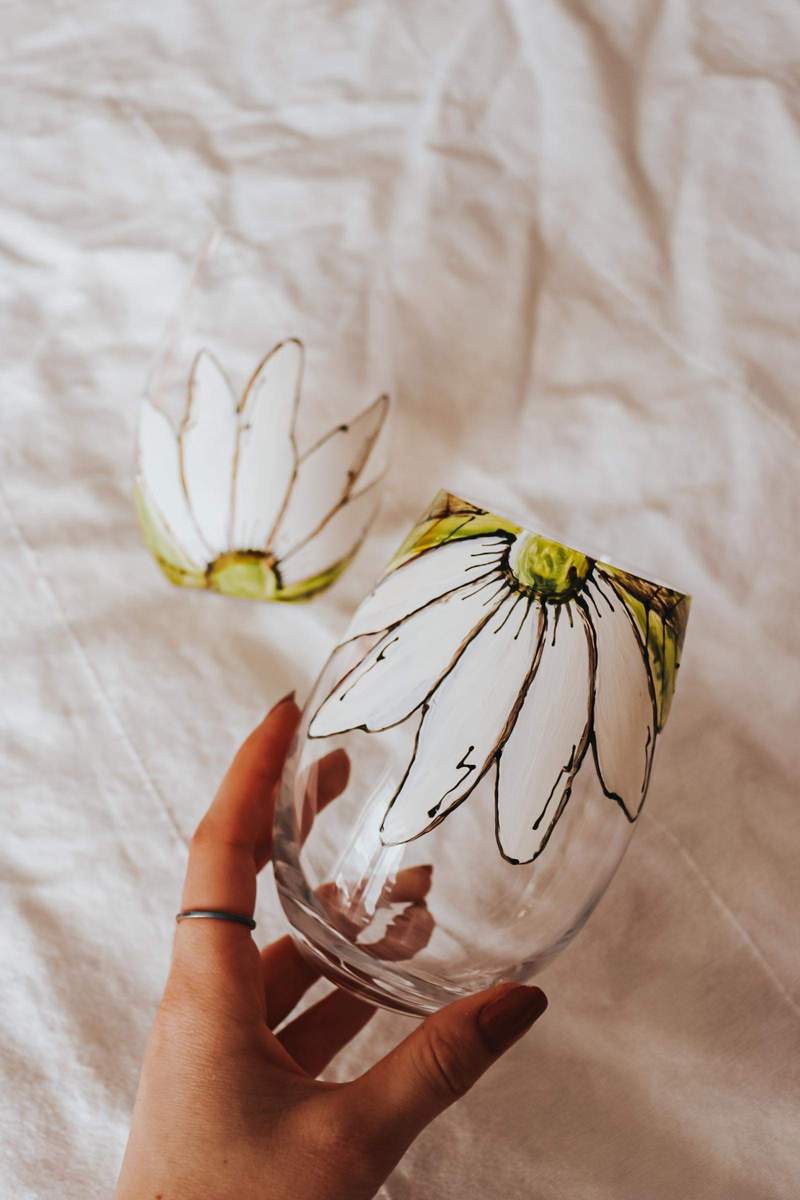 Duo de verres sans pieds – Fleurs blanches