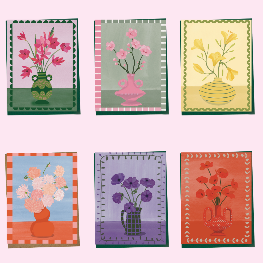 Ensemble de 6 cartes de souhaits illustrées (floral)